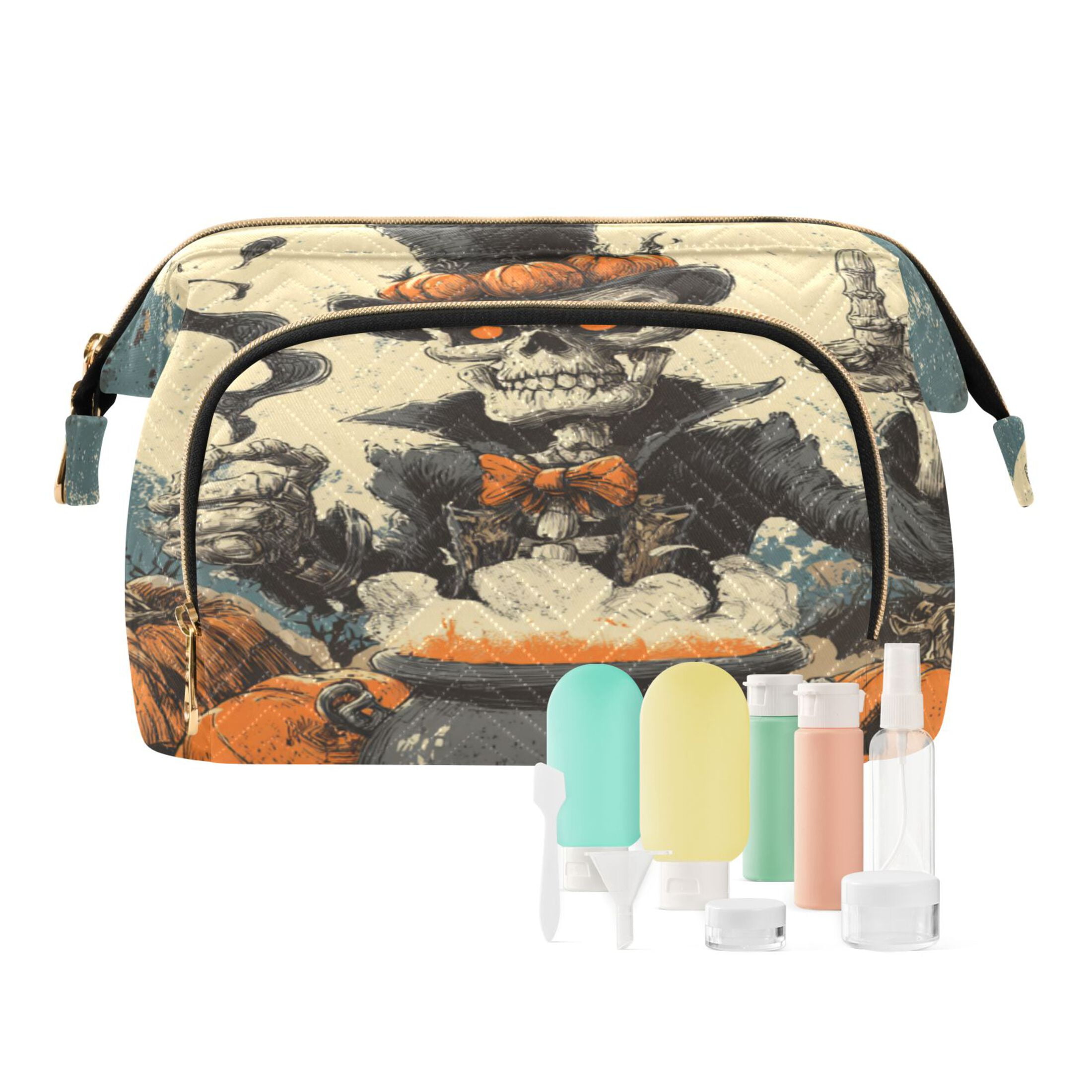 Wavy Quilted Cosmetic Bag Large-Capacity Travel Toiletry Organizer Includes 9-Piece Portable Travel Bottle Set Evil Skeleton Wizard