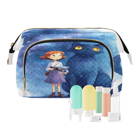 Wavy Quilted Cosmetic Bag Large-Capacity Travel Toiletry Organizer Includes 9-Piece Portable Travel Bottle Set Fantasy Blue Cat