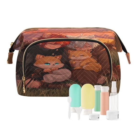 Wavy Quilted Cosmetic Bag Large-Capacity Travel Toiletry Organizer Includes 9-Piece Portable Travel Bottle Set Field Trip