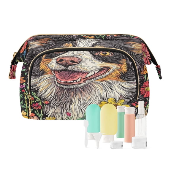 Wavy Quilted Cosmetic Bag Large-Capacity Travel Toiletry Organizer Includes 9-Piece Portable Travel Bottle Set Floral and Dog