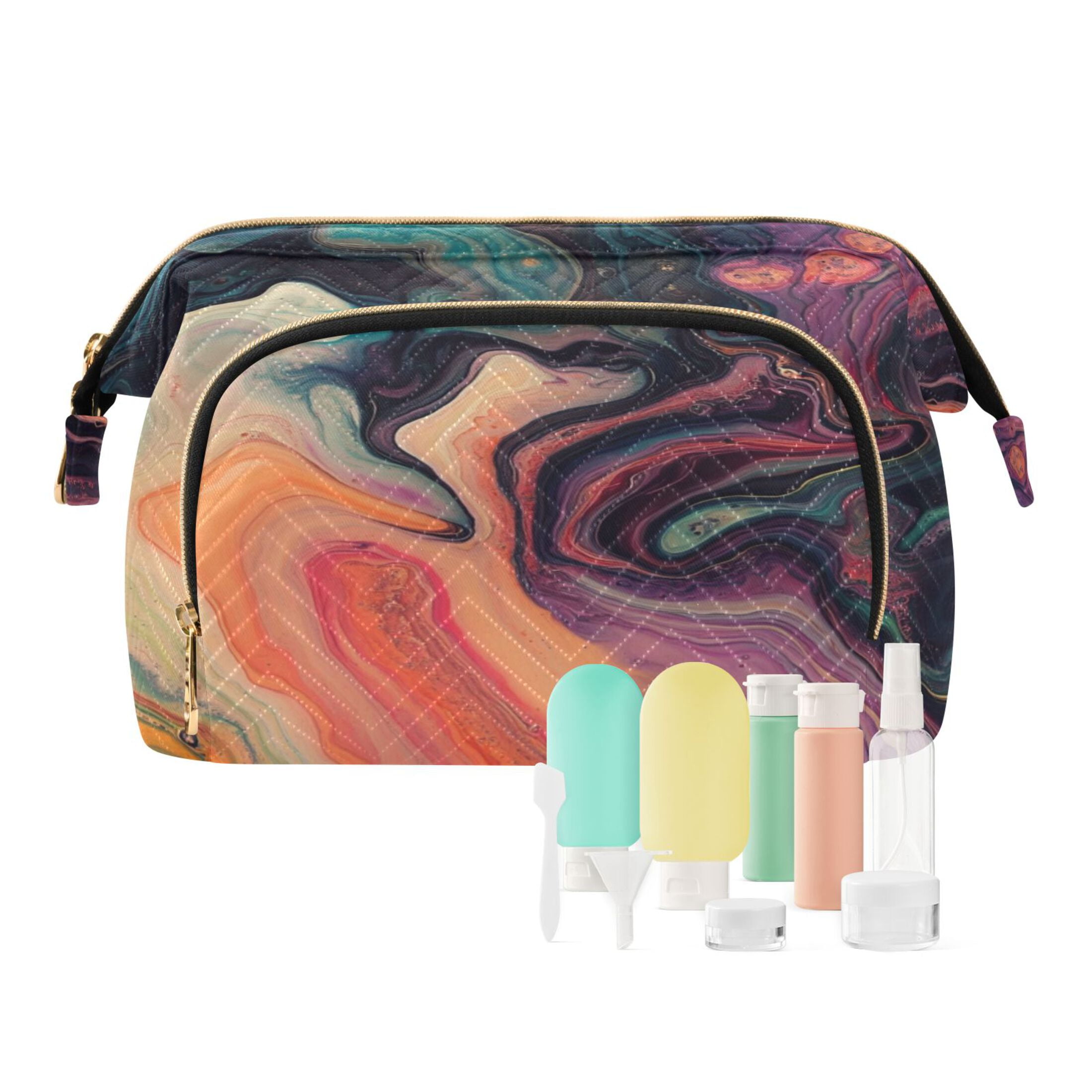 Wavy Quilted Cosmetic Bag Large-Capacity Travel Toiletry Organizer Includes 9-Piece Portable Travel Bottle Set Fluid Abstract Patterns