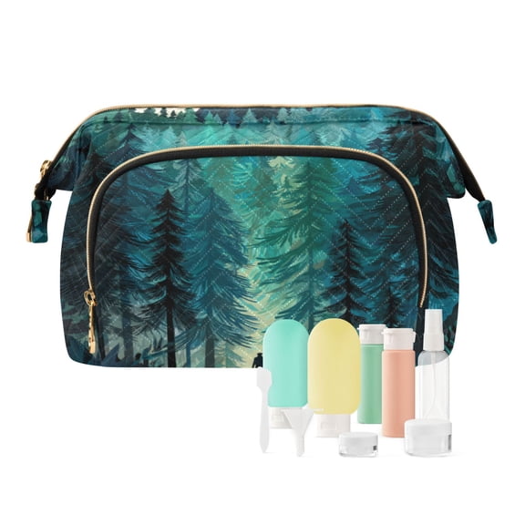 Wavy Quilted Cosmetic Bag Large-Capacity Travel Toiletry Organizer Includes 9-Piece Portable Travel Bottle Set Forest Explorer