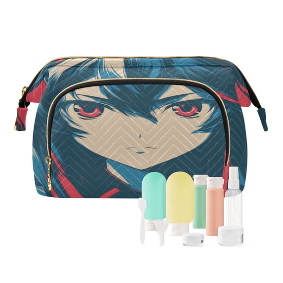 Wavy Quilted Cosmetic Bag Large-Capacity Travel Toiletry Organizer Includes 9-Piece Portable Travel Bottle Set Fox Messenger