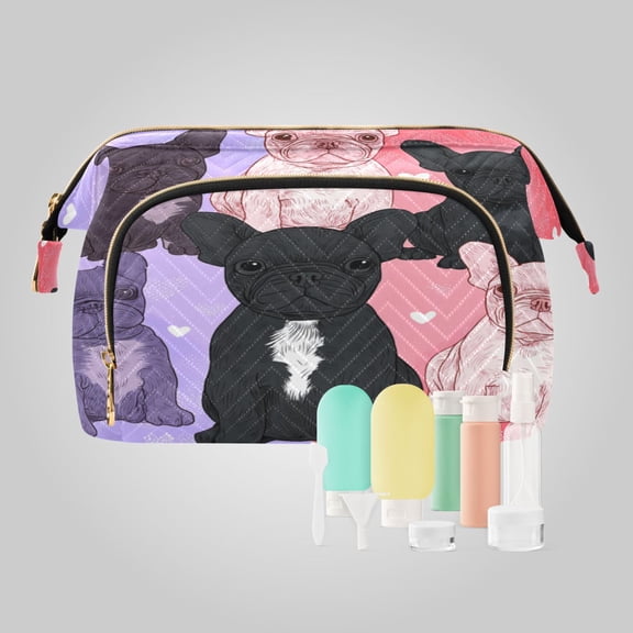 Wavy Quilted Cosmetic Bag Large-Capacity Travel Toiletry Organizer Includes 9-Piece Portable Travel Bottle Set Frenchie Squad Love Hearts