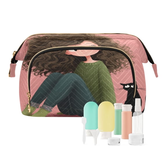 Wavy Quilted Cosmetic Bag Large-Capacity Travel Toiletry Organizer Includes 9-Piece Portable Travel Bottle Set Girl in Green with Curly Hair
