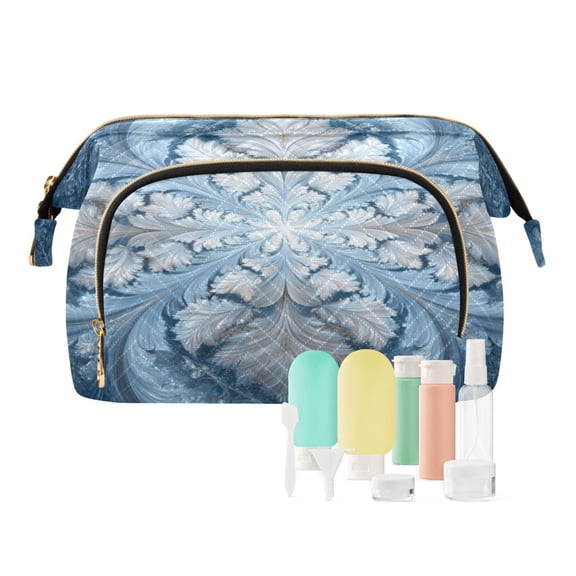 Wavy Quilted Cosmetic Bag Large-Capacity Travel Toiletry Organizer Includes 9-Piece Portable Travel Bottle Set Glossy Ethnic Style