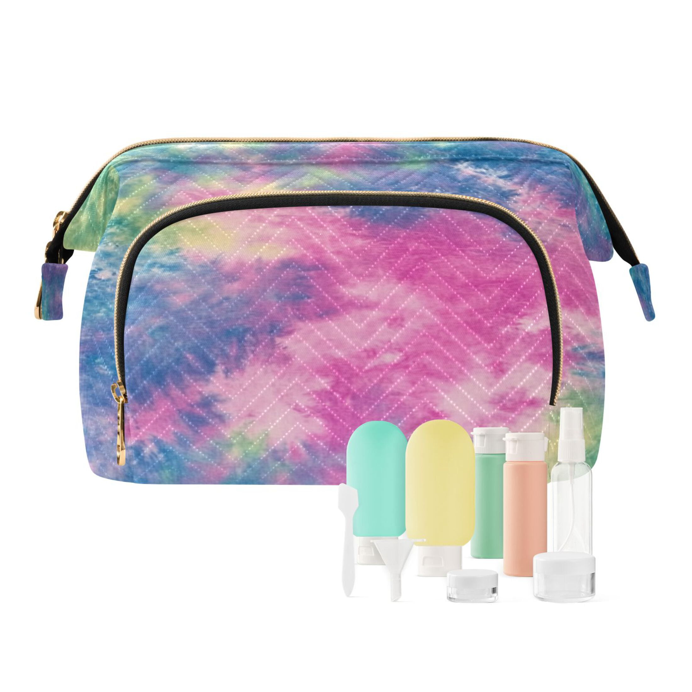 Wavy Quilted Cosmetic Bag Large-Capacity Travel Toiletry Organizer Includes 9-Piece Portable Travel Bottle Set Green Pink Blue Tie-dye