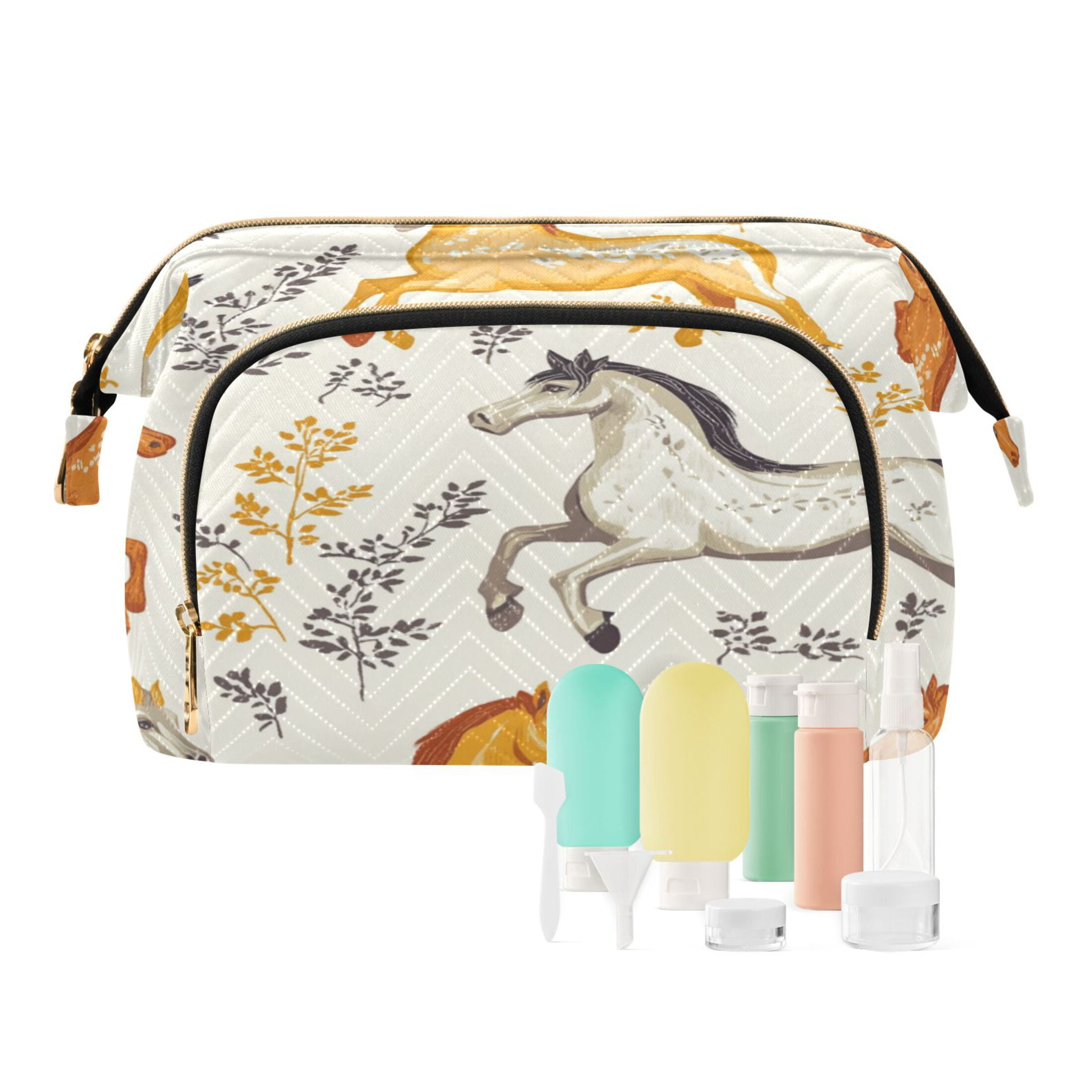 Wavy Quilted Cosmetic Bag Large-Capacity Travel Toiletry Organizer Includes 9-Piece Portable Travel Bottle Set Horse with Leaves