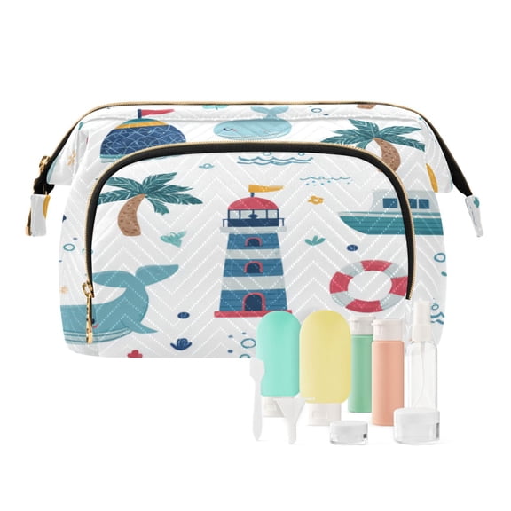 Wavy Quilted Cosmetic Bag Large-Capacity Travel Toiletry Organizer Includes 9-Piece Portable Travel Bottle Set Interesting Marine Symbols
