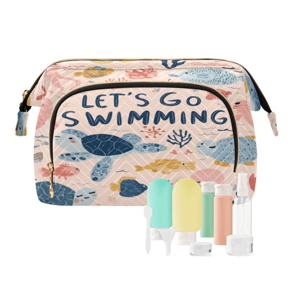Wavy Quilted Cosmetic Bag Large-Capacity Travel Toiletry Organizer Includes 9-Piece Portable Travel Bottle Set Let's Go Swimming