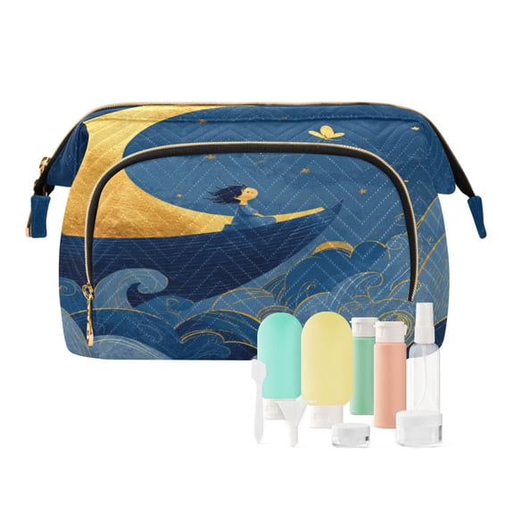 Wavy Quilted Cosmetic Bag Large-Capacity Travel Toiletry Organizer Includes 9-Piece Portable Travel Bottle Set Lonely Voyage