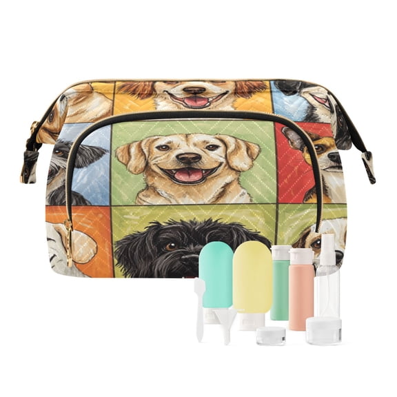 Wavy Quilted Cosmetic Bag Large-Capacity Travel Toiletry Organizer Includes 9-Piece Portable Travel Bottle Set Nine-square Grid Dogs