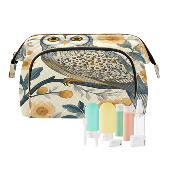 Wavy Quilted Cosmetic Bag Large-Capacity Travel Toiletry Organizer Includes 9-Piece Portable Travel Bottle Set Owl with Flowers