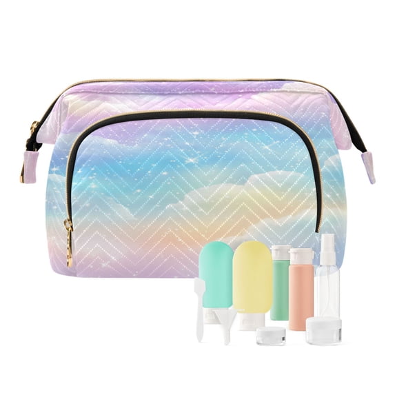 Wavy Quilted Cosmetic Bag Large-Capacity Travel Toiletry Organizer Includes 9-Piece Portable Travel Bottle Set Pastel Rainbow Sky