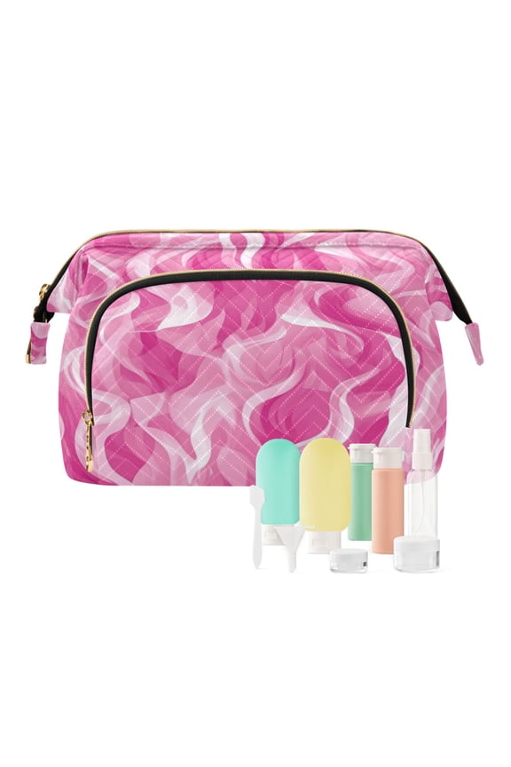 Wavy Quilted Cosmetic Bag Large-Capacity Travel Toiletry Organizer Includes 9-Piece Portable Travel Bottle Set Pink Blaze Pattern
