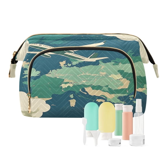 Wavy Quilted Cosmetic Bag Large-Capacity Travel Toiletry Organizer Includes 9-Piece Portable Travel Bottle Set Plane