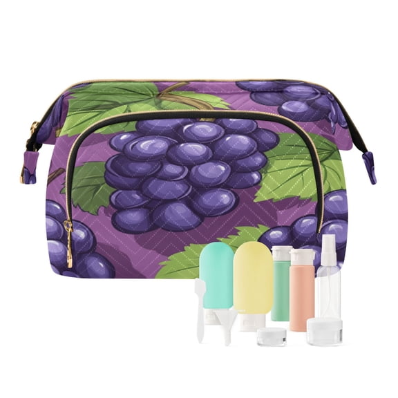 Wavy Quilted Cosmetic Bag Large-Capacity Travel Toiletry Organizer Includes 9-Piece Portable Travel Bottle Set Purple Grapes