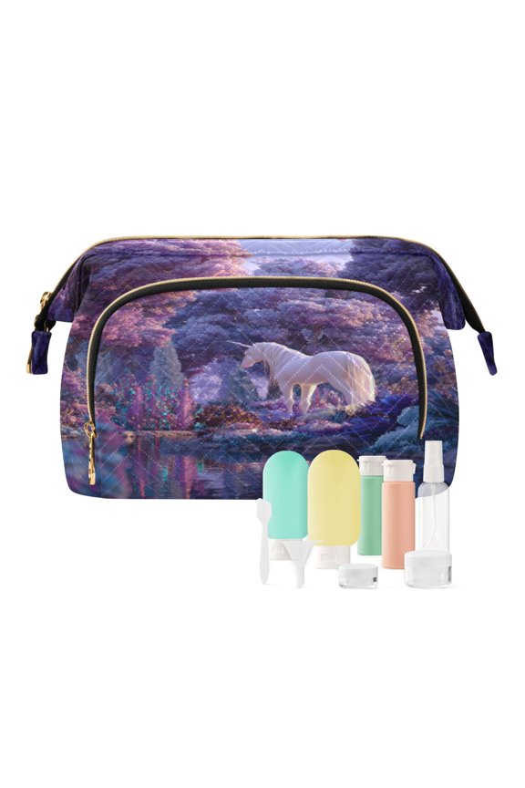 Wavy Quilted Cosmetic Bag Large-Capacity Travel Toiletry Organizer Includes 9-Piece Portable Travel Bottle Set Purple World