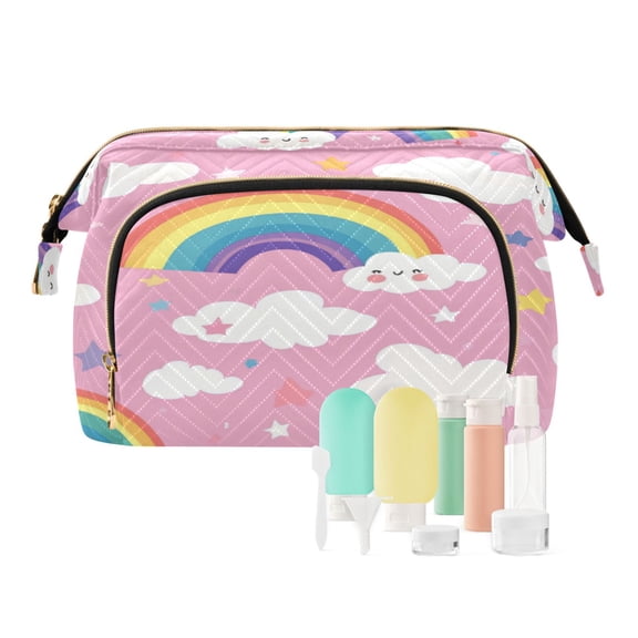 Wavy Quilted Cosmetic Bag Large-Capacity Travel Toiletry Organizer Includes 9-Piece Portable Travel Bottle Set Rainbow Clouds Stars
