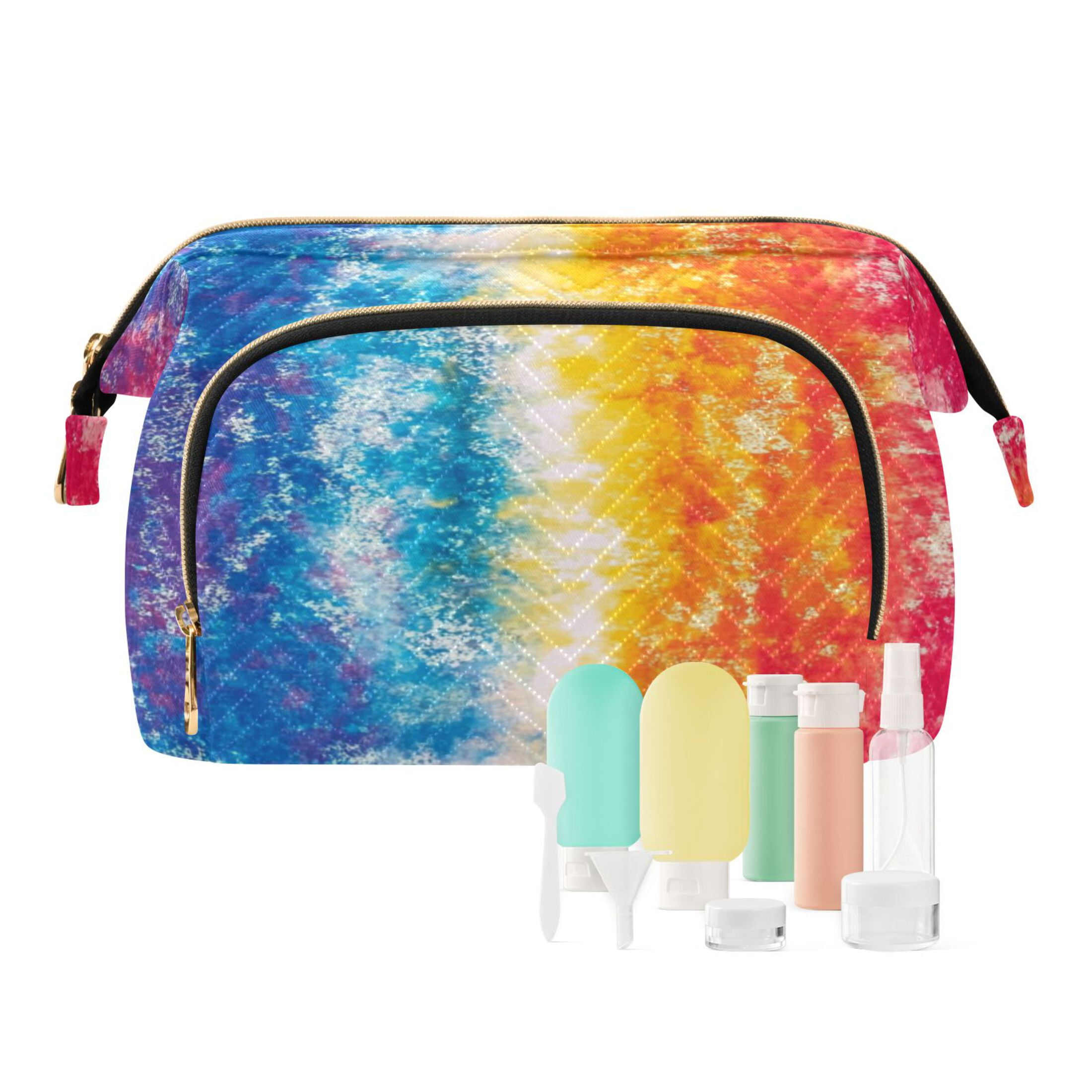 Wavy Quilted Cosmetic Bag Large-Capacity Travel Toiletry Organizer Includes 9-Piece Portable Travel Bottle Set Rainbow Color Tie-dye