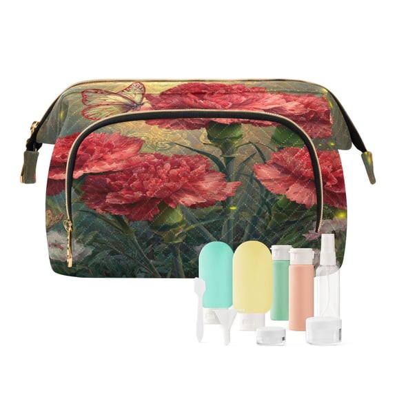 Wavy Quilted Cosmetic Bag Large-Capacity Travel Toiletry Organizer Includes 9-Piece Portable Travel Bottle Set Red Carnations and Butterflies