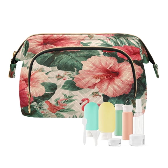 Wavy Quilted Cosmetic Bag Large-Capacity Travel Toiletry Organizer Includes 9-Piece Portable Travel Bottle Set Red Hibiscus Flowers