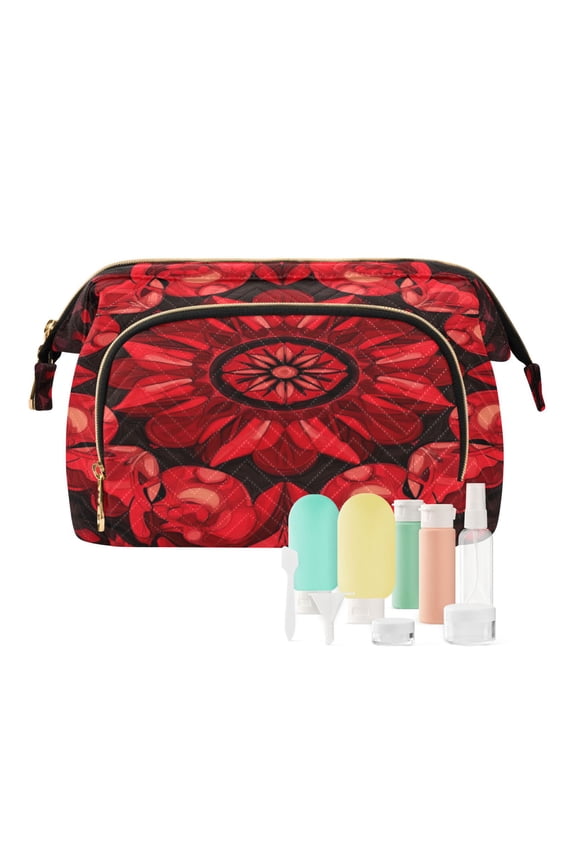 Wavy Quilted Cosmetic Bag Large-Capacity Travel Toiletry Organizer Includes 9-Piece Portable Travel Bottle Set Red Kaleidoscope Pattern