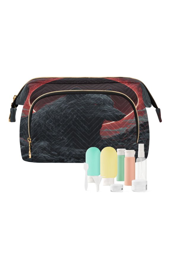 Wavy Quilted Cosmetic Bag Large-Capacity Travel Toiletry Organizer Includes 9-Piece Portable Travel Bottle Set Red Sun Lone Wolf
