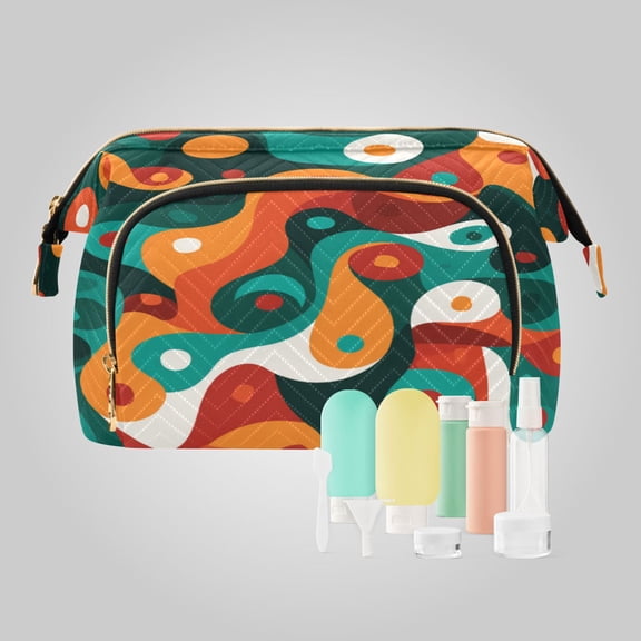 Wavy Quilted Cosmetic Bag Large-Capacity Travel Toiletry Organizer Includes 9-Piece Portable Travel Bottle Set Retro Psychedelic Swirl