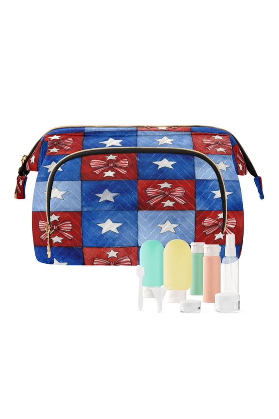 Wavy Quilted Cosmetic Bag Large-Capacity Travel Toiletry Organizer Includes 9-Piece Portable Travel Bottle Set Retro Red Bows Pattern