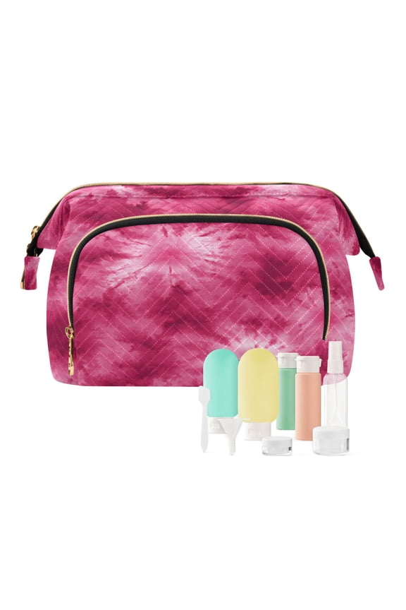 Wavy Quilted Cosmetic Bag Large-Capacity Travel Toiletry Organizer Includes 9-Piece Portable Travel Bottle Set Rose Red Tie-dye Pattern