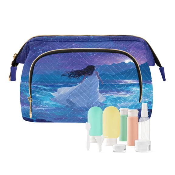 Wavy Quilted Cosmetic Bag Large-Capacity Travel Toiletry Organizer Includes 9-Piece Portable Travel Bottle Set Sea Wave Goddess
