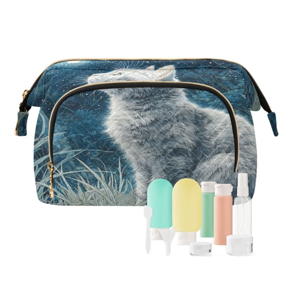 Wavy Quilted Cosmetic Bag Large-Capacity Travel Toiletry Organizer Includes 9-Piece Portable Travel Bottle Set Silver Cat