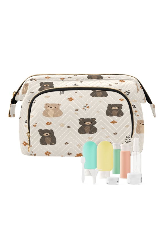 Wavy Quilted Cosmetic Bag Large-Capacity Travel Toiletry Organizer Includes 9-Piece Portable Travel Bottle Set Small Bear Pattern
