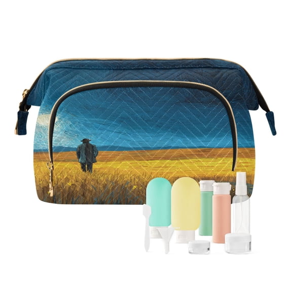 Wavy Quilted Cosmetic Bag Large-Capacity Travel Toiletry Organizer Includes 9-Piece Portable Travel Bottle Set Solo Traveler