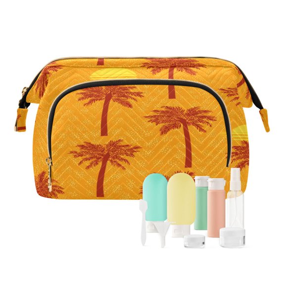 Wavy Quilted Cosmetic Bag Large-Capacity Travel Toiletry Organizer Includes 9-Piece Portable Travel Bottle Set Stylized Palm Trees