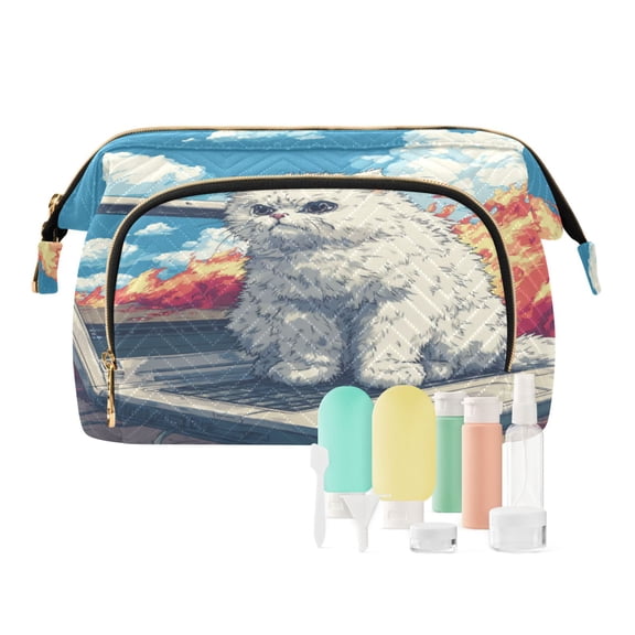 Wavy Quilted Cosmetic Bag Large-Capacity Travel Toiletry Organizer Includes 9-Piece Portable Travel Bottle Set Super Angry Cat