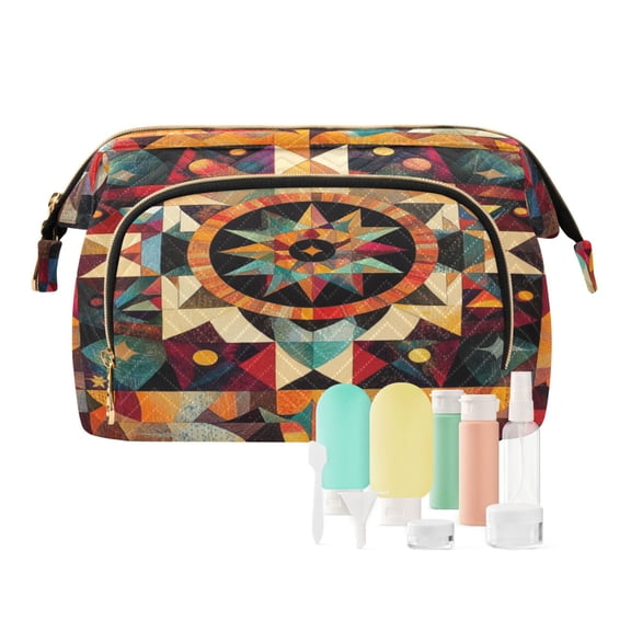 Wavy Quilted Cosmetic Bag Large-Capacity Travel Toiletry Organizer Includes 9-Piece Portable Travel Bottle Set Traditional Mandala Patterns