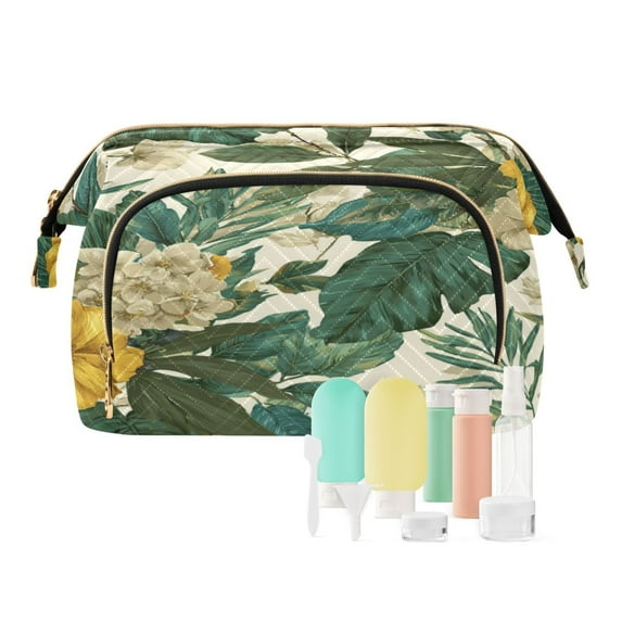 Wavy Quilted Cosmetic Bag Large-Capacity Travel Toiletry Organizer Includes 9-Piece Portable Travel Bottle Set Tropical Plants