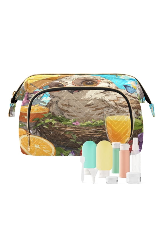 Wavy Quilted Cosmetic Bag Large-Capacity Travel Toiletry Organizer Includes 9-Piece Portable Travel Bottle Set Vacation Owl