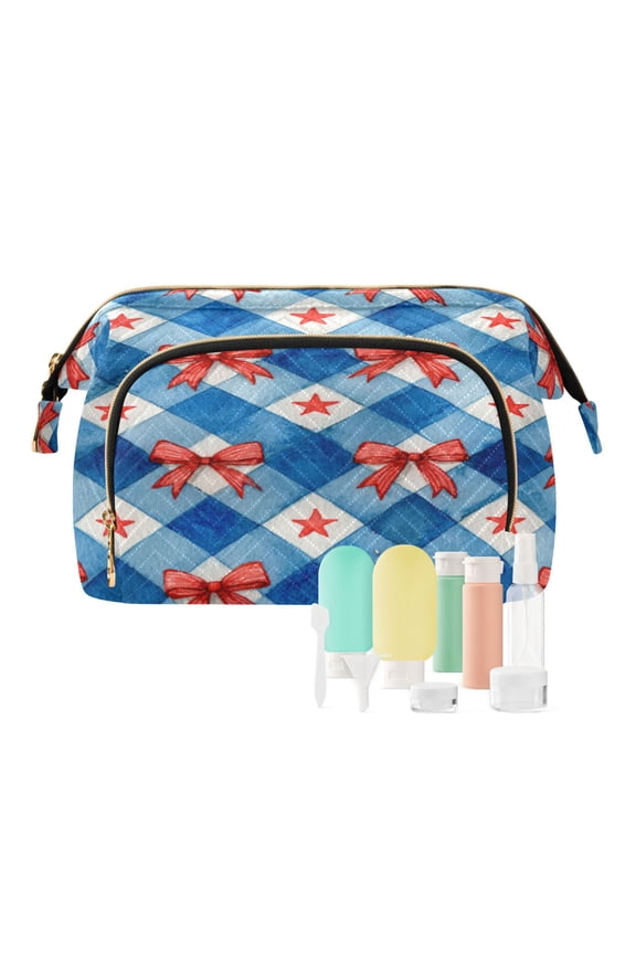 Wavy Quilted Cosmetic Bag Large-Capacity Travel Toiletry Organizer Includes 9-Piece Portable Travel Bottle Set Vibrant Red Bows Pattern