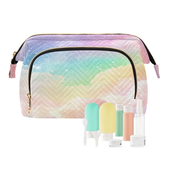 Wavy Quilted Cosmetic Bag Large-Capacity Travel Toiletry Organizer Includes 9-Piece Portable Travel Bottle Set Virbant Pastel Rainbow Sky