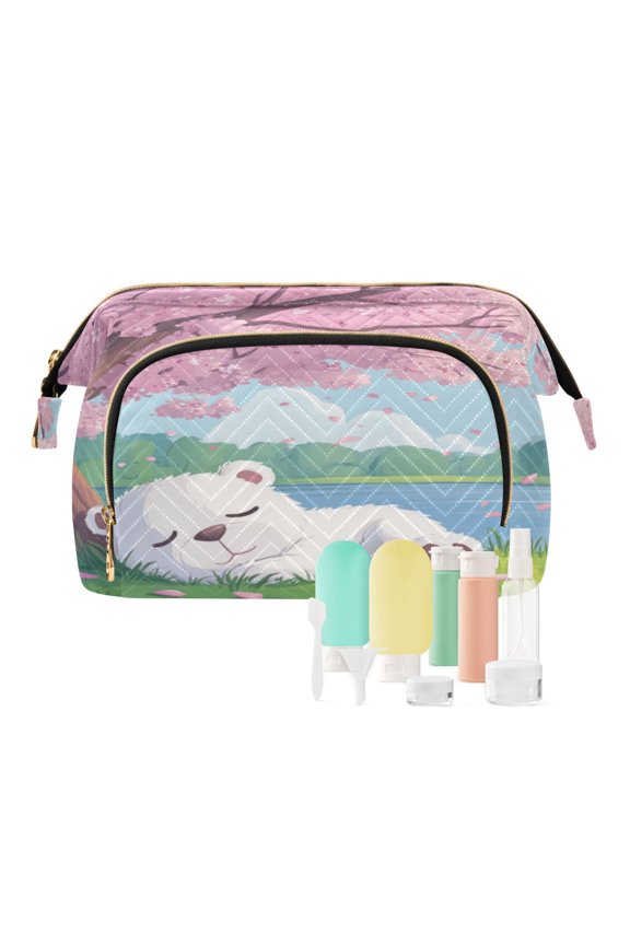 Wavy Quilted Cosmetic Bag Large-Capacity Travel Toiletry Organizer Includes 9-Piece Portable Travel Bottle Set White Cute Bear