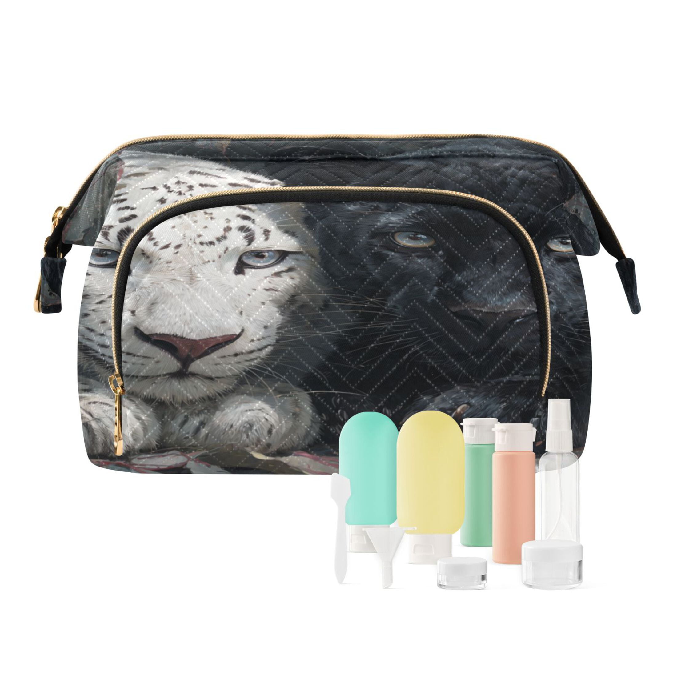 Wavy Quilted Cosmetic Bag Large-Capacity Travel Toiletry Organizer Includes 9-Piece Portable Travel Bottle Set White Leopard Black Panther