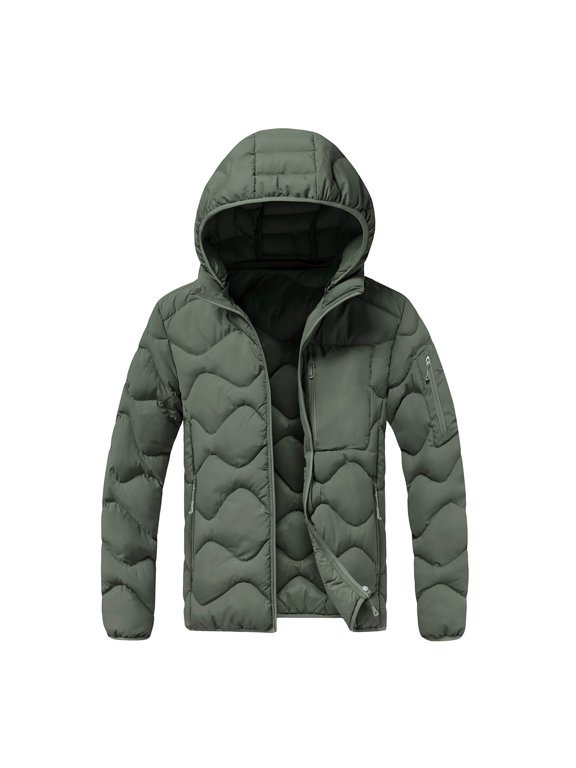 Wavy Quilted Puffer Jacket for Men Hooded Lightweight Padded Zip-Up Outerwear with Multi Zip Pockets Green 3XL