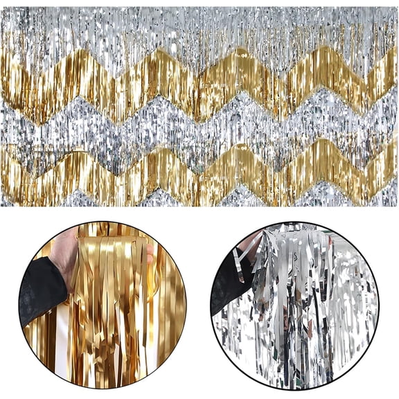 Wavy Rain Curtain Banner, Party Decoration Background, 6 Pieces (3 Silver, 3 Gold), 19 x 79 Inch