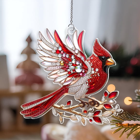 Wavy Red Cardinal Bird Acrylic Suncatcher Window Hanging Memorial Gift Christmas Decoration