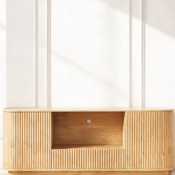 Wavy Rounded TV Stand with Sideboard Storage, Natural Wood Tone, 64-Inch Media Console for Living Room or Entryway