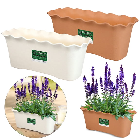 Wavy Ruffled Edge Rectangular Planter – 12 Inch Plastic Flower Pot with Drainage Hole & Handles, Indoor Outdoor Planters for Plants Flowers, Deck Railing Box, &nbsp;deck railing planter boxes