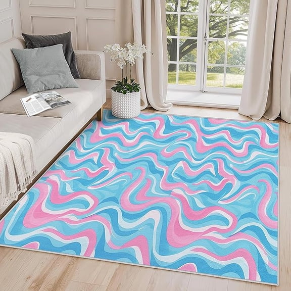 Wavy Rug, Abstract Wave Swirl Psychedelic Area Rug, Blue And Pink Carpet, Washable & Non Slip & Soft Large Rugs, Wavy Home Decor Gifts 3' x 5'